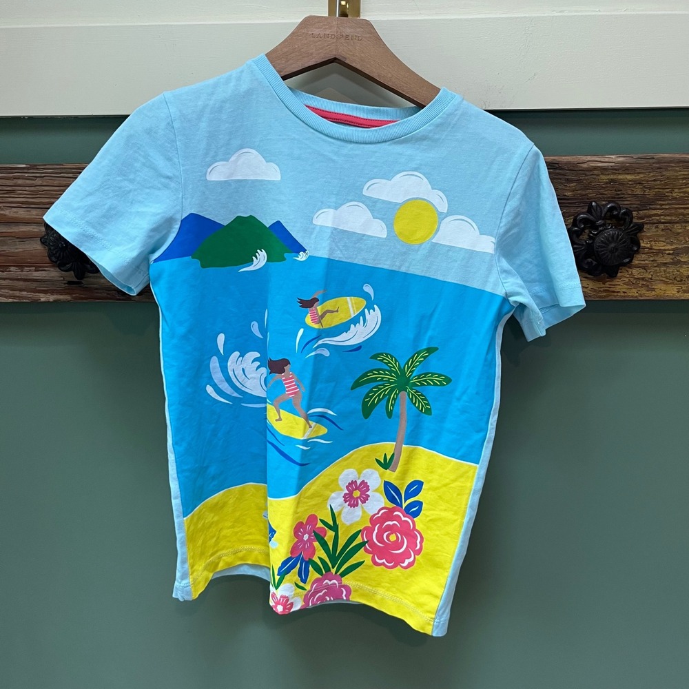 Mini Boden Girls Blue Surfing Tropical Graphic Tee Shirt 7-8Y 128cm Short Sleeve